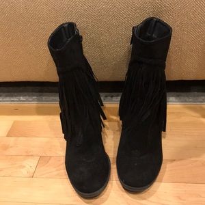 Faux suede black fringe heeled booties.